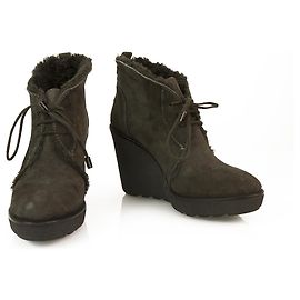 Moncler Botines con cuña de ante gris para mujer Botines con cordones de piel de cordero Botines 37 Gris
