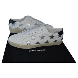 Saint Laurent-sneakers signature california bianche in pelle e pelle metallizzata argentata-Silvery,White