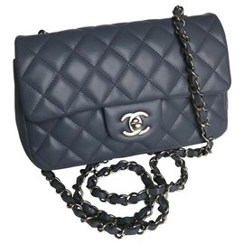 Chanel-Mini bolso rectangular clásico con solapa y caja-Azul,Gris