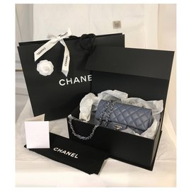 Chanel-Bolsa Mini Retangular Clássica com Caixa-Azul,Cinza
