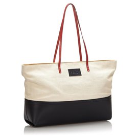 Fendi-Fendi White Canvas Tote Bag-Black,White,Cream