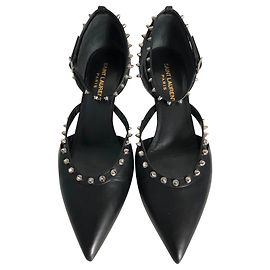 Saint Laurent Black Leather Studded Ankle Strap Heels Black