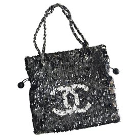 Chanel-Chanel sequin shouder tote bag-Black,Silvery