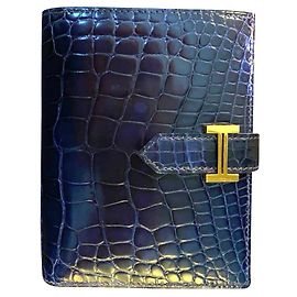 Hermès Portafoglio compatto in alligatore Hermes Bearn Blu scuro