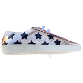 Saint Laurent-sneakers signature california bianche in pelle e pelle metallizzata argentata-Silvery
