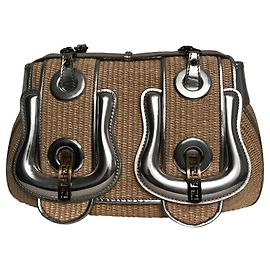 Borsa Fendi B Bag in rafia beige e pelle argento Argento Beige