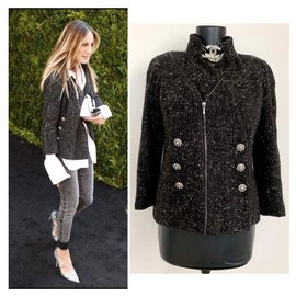 Chanel-chaqueta de tweed metalizada-Negro