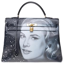 Hermès-Hermes Kelly bag 35 returned in black box leather customized "Grace Kelly" # 54 by PatBo-Black