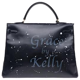 Hermès-Hermes Kelly bag 35 returned in black box leather customized "Grace Kelly" # 54 by PatBo-Black