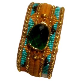 Hipanema-Bracciale hipanema con perline colorate e pietra smeraldo di medie dimensioni-Multicolore