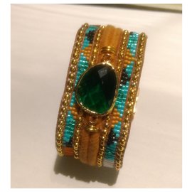 Hipanema-Bracelet manchette Hipanema avec perles colorées et pierre émeraude taille moyenne-Multicolore