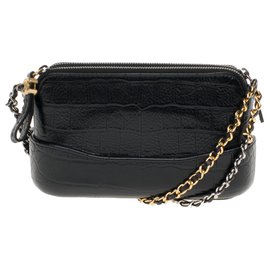Chanel-Chanel Mini Gabrielle shoulder bag in crocodile-embossed black calf leather, new condition-Black