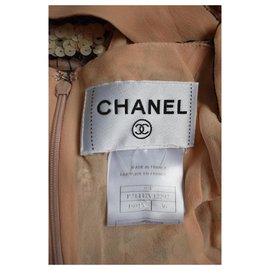 Chanel-Chanel peach silk print dress with brooch-Peach