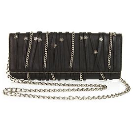 Balmain Night Pearl Black Leather Flap Top Clutch Bag Handbag Zip Trim Chain Black