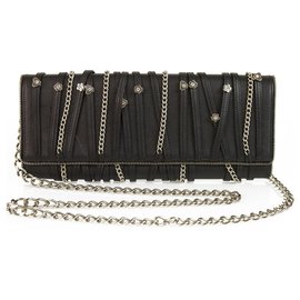Balmain-Balmain Night Pearl Black Leather Flap Top Clutch Bag Bolsa Zip Trim Chain-Preto