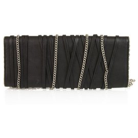 Balmain-Balmain Night Pearl Black Leather Flap Top Clutch Bag Handbag Zip Trim Chain-Black