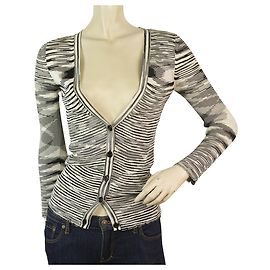 MISSONI Black & Ecru Off White Striped Button front Jacket Cardigan Cardi sz 40 Black