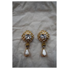 Chanel-Vintage Chanel Gold Tone Rhinestone Faux Pearl Drop Clip-On Earrings-Golden
