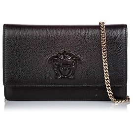 Versace Black Medusa Leather Wallet on Chain Black Golden