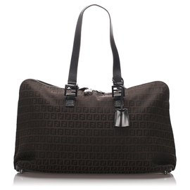 Fendi-Fendi Brown Zucchino Canvas Travel Bag-Brown,Black,Dark brown