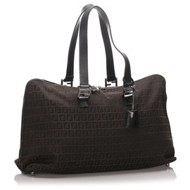 Fendi-Fendi Brown Zucchino Canvas Travel Bag-Brown,Black,Dark brown