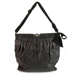 Lanvin-Lanvin Black embossed pebbled leather velvet handle Hobo shoulder bag-Black
