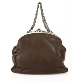 Lanvin-Lanvin Brown Leather Kiss Lock Framed Top Clutch Chain Pouch Bag Handbag Purse-Brown