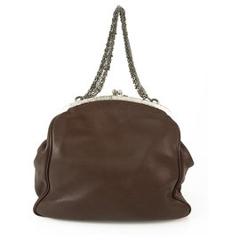 Lanvin-Lanvin Brown Leather Kiss Lock Framed Top Clutch Chain Pouch Bag Handbag Purse-Brown