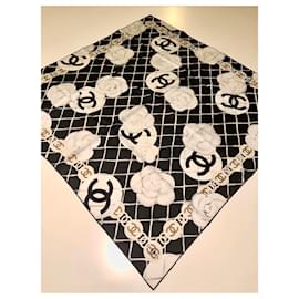 Chanel-Black CHANEL scarf with camellias-White