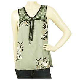 BCBG Max Azria Verde Grigio 100% Camicetta senza maniche floreale scollo a V in seta Top taglia XS Verde Grigio