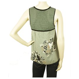 Bcbg Max Azria-BCBG Max Azria Vert Gris 100% Top sans manches en soie à col en V et fleurs taille XS-Vert,Gris