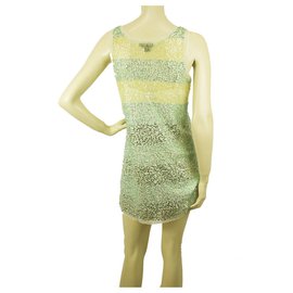Dkny-Lantejoulas sem mangas listradas verdes e amarelas de DKNY 100% Mini vestido de comprimento sz S-Branco,Amarelo,Verde claro