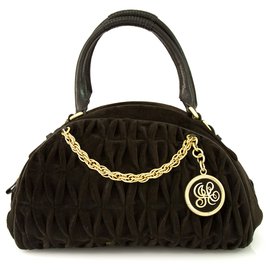Juicy Couture-Juicy Couture velvet dark brown with black leather details bowler handbag-Black,Dark brown