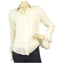 Vintage Oscar de la Renta White Womens Ruffled button down front - Sz 6 Blanco