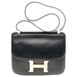 Hermès-Hermes constance 23 caja de cuero negro, molduras metálicas chapadas en oro en muy buen estado-Negro