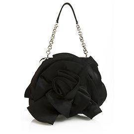 Karen Millen Black Flower Satin Silver Tone Hardware Clutch Handbag Evening bag Black