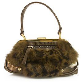 Autre Marque DESMO Genuine Fur with Bronze Metallic Lizard embossed leather Handbag Bag Purse Brown Bronze