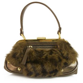 Autre Marque-DESMO Genuine Fur with Bronze Metallic Lizard embossed leather Handbag Bag Purse-Brown,Bronze