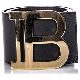 Cinturón de cuero con hebilla Monogram negro de Balmain Negro Dorado