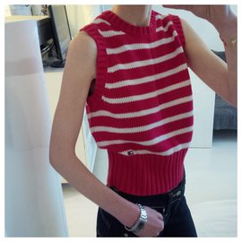 Tommy Hilfiger-Sleeveless knit top in iconic Tommy stripes. Flag logo.  100% cotton.-Blanc,Rouge