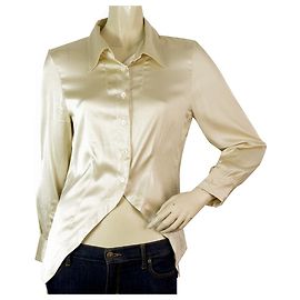 Ann Demeulemeester Champagne Gold Silk Shiny Half Button Down Shirt Top Sz 40 Eggshell