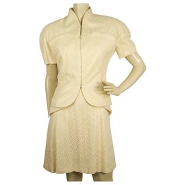 Christian Dior-Christian Dior Champagne Cream Broderie Silk Jacket Dress Suit Set sz 38 40-Eggshell