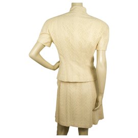 Christian Dior-Christian Dior Champagne Cream Broderie Silk Jacket Dress Suit Set sz 38 40-Eggshell