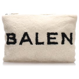 Balenciaga-Balenciaga White Shearling Logo Clutch Bag-Black,White