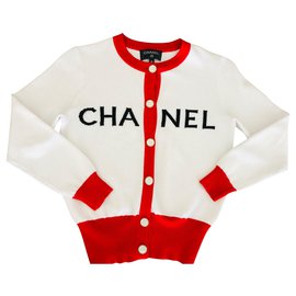 Chanel-Cardigan Chanel 2019, blanc et rouge-Blanc,Rouge