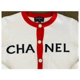 Chanel-Cardigan Chanel 2019, Branco e vermelho-Branco,Vermelho
