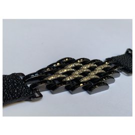 Louis Vuitton-Exotic and shiny Swarovski leather bracelet-Black,Silvery