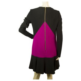 Emilio Pucci-Emilio Pucci Black Fuchsia Long Sleeve Frill Hemline Wool Mini Dress size 44-Black