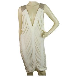 Iceberg Cream Leinen Beige Straps Drapierte knielange Midikleid Größe 44 / M. Roh