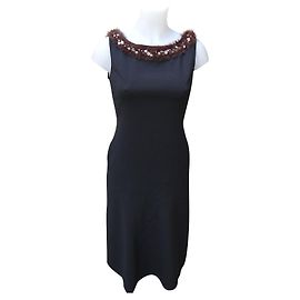 Vestido Blumarine de seda preto com bordado de pérolas e pele de coelho Preto